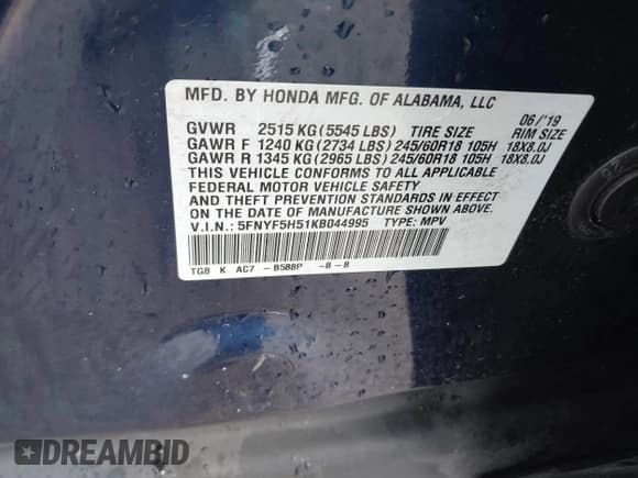 ✅ 2019 Honda Pilot EX-L • VIN: 5FNYF5H51KB044995 • Lot: 43793459. Listed on IAAI with 57,747 mi. Free auction sales archive from the USA and detailed vehicle history report at DreamBid. Image 9.