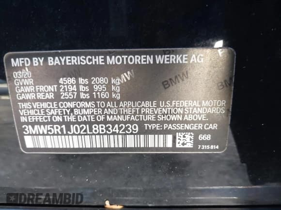 ✅ 2020 BMW 3 Series 330i • VIN: 3MW5R1J02L8B34239 • Lot: 43636215. Listed on IAAI with 54,695 mi. Free auction sales archive from the USA and detailed vehicle history report at DreamBid. Image 9.