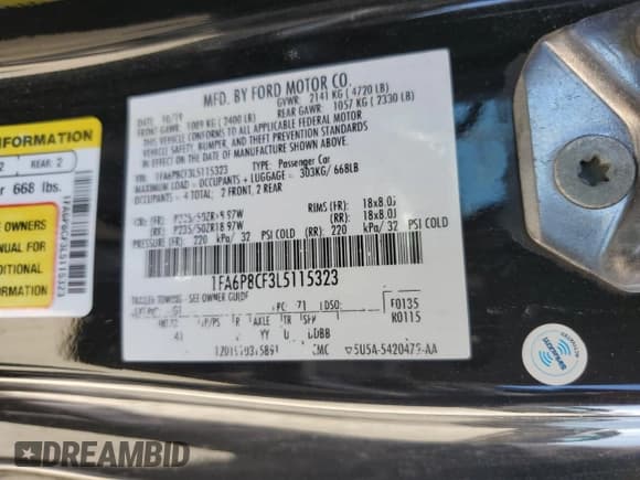 ✅ 2020 Ford Mustang GT Premium • VIN: 1FA6P8CF3L5115323 • Lot: 80403365. Listed on Copart with 101,169 mi. Free auction sales archive from the USA and detailed vehicle history report at DreamBid. Image 13.