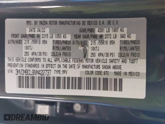 ✅ 2022 Mazda CX-30 S Carbon Edition • VIN: 3MVDMBCL8NM422737 • Lot: 42229336. Listed on IAAI with 14,665 mi. Free auction sales archive from the USA and detailed vehicle history report at DreamBid. Image 9.