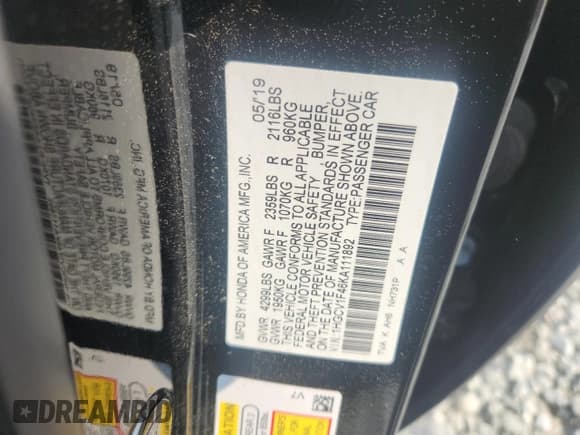 ✅ 2019 Honda Accord EX • VIN: 1HGCV1F46KA111892 • Lot: 61985405. Listed on Copart with 188,592 mi. Free auction sales archive from the USA and detailed vehicle history report at DreamBid. Image 12.