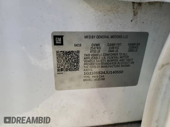 2018 Chevrolet Impala LT with VIN 1G1105S34JU140550, listed as a Copart auction lot 91087245 with 195,822 mi miles and Salvage title. Bid and sale history available at DreamBid. Image 12.