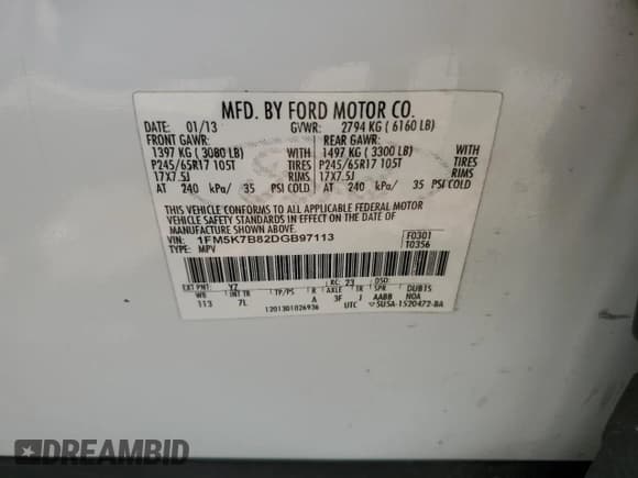 ✅ 2013 Ford Explorer • VIN: 1FM5K7B82DGB97113 • Lot: 59557365. Listed on Copart with 96,942 mi. Free auction sales archive from the USA and detailed vehicle history report at DreamBid. Image 13.