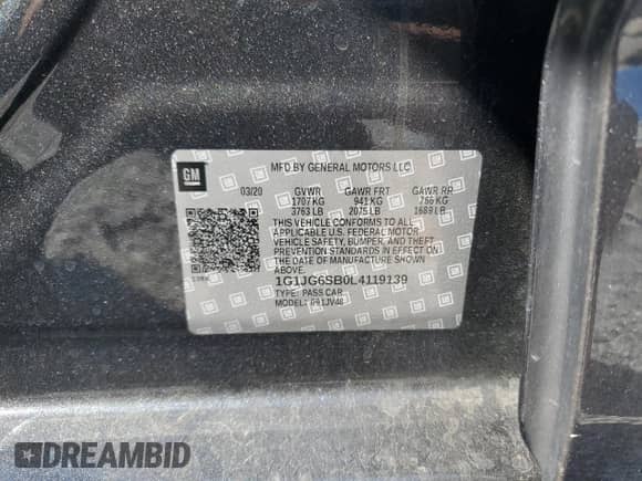 2020 Chevrolet Sonic LT с VIN 1G1JG6SB0L4119139, выставлен на аукционе Copart как лот 80514365 с пробегом 57 164 миль миль и Списание • Salvage title. История ставок и продаж доступна на DreamBid. Изображение 12.