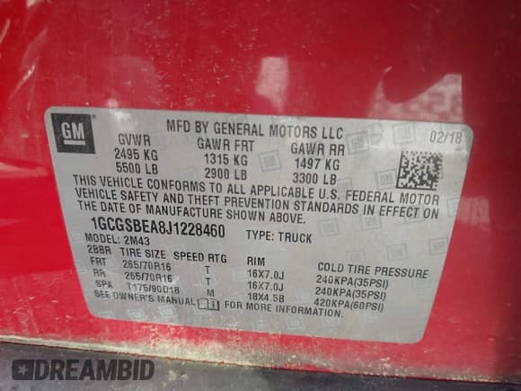 ✅ 2018 Chevrolet Colorado 2WD Work Truck • VIN: 1GCGSBEA8J1228460 • Lot: 42070574. Listed on IAAI with 186,745 mi. Free auction sales archive from the USA and detailed vehicle history report at DreamBid. Image 9.