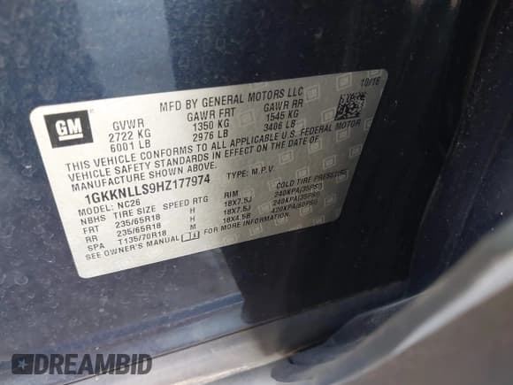 ✅ 2017 GMC Acadia SLE • VIN: 1GKKNLLS9HZ177974 • Lot: 43705686. Listed on IAAI with 88,283 mi. Free auction sales archive from the USA and detailed vehicle history report at DreamBid. Image 9.