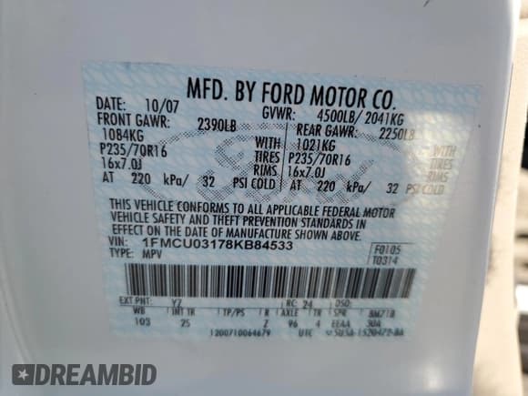 ✅ 2008 Ford Escape XLT • VIN: 1FMCU03178KB84533 • Lot: 90342135. Listed on Copart with 162,192 mi. Free auction sales archive from the USA and detailed vehicle history report at DreamBid. Image 13.