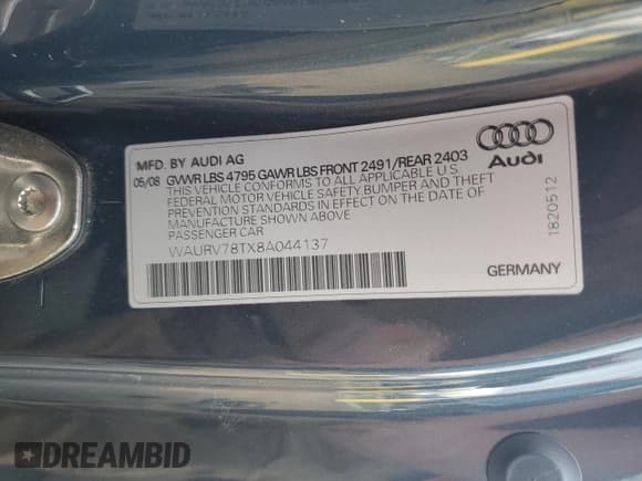 ✅ 2008 Audi S5 • VIN: WAURV78TX8A044137 • Lot: 59655915. Listed on Copart with 120,682 mi. Free auction sales archive from the USA and detailed vehicle history report at DreamBid. Image 13.