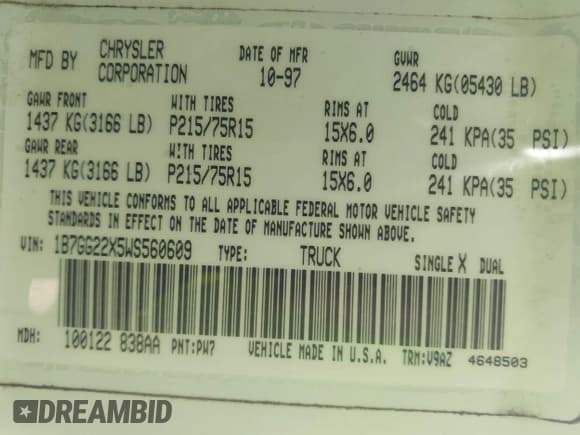 ✅ 1998 Dodge Dakota SLT • VIN: 1B7GG22X5WS560609 • Lot: 42146071. Wystawiony na IAAI z przebiegiem Nie podano. Bezpłatny archiwum sprzedaży aukcyjnych z USA i szczegółowy raport historii pojazdu na DreamBid. Zdjęcie 9.