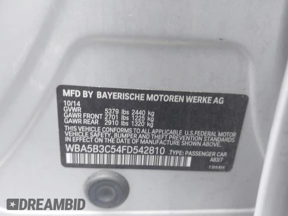 ✅ 2015 BMW 5 Series 535i xDrive • VIN: WBA5B3C54FD542810 • Lot: 43731810. Listed on IAAI with 150,863 mi. Free auction sales archive from the USA and detailed vehicle history report at DreamBid. Image 9.