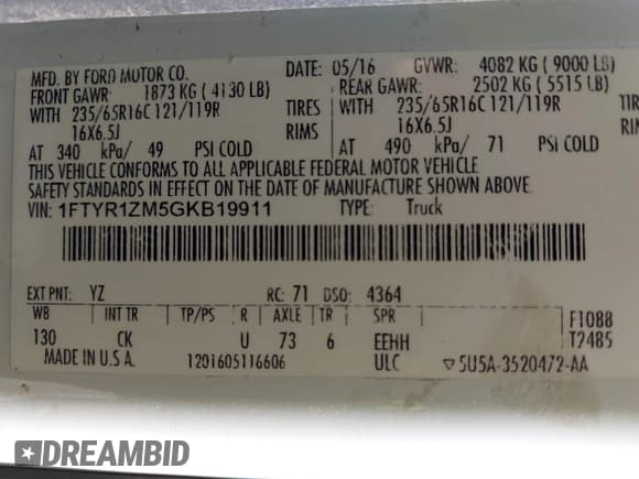 ✅ 2016 Ford Transit Cargo • VIN: 1FTYR1ZM5GKB19911 • Lot: 43136034. Wystawiony na IAAI z przebiegiem 185 728 mil. Bezpłatny archiwum sprzedaży aukcyjnych z USA i szczegółowy raport historii pojazdu na DreamBid. Zdjęcie 9.