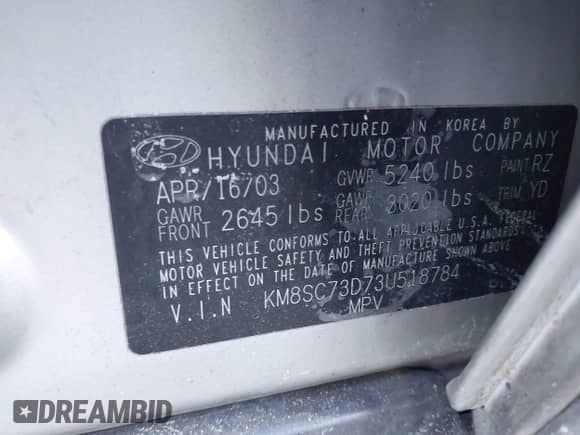 2003 Hyundai Santa Fe GLS с VIN KM8SC73D73U518784, выставлен на аукционе IAAI как лот 41348907 с пробегом 127 980 миль миль и . История ставок и продаж доступна на DreamBid. Изображение 9.