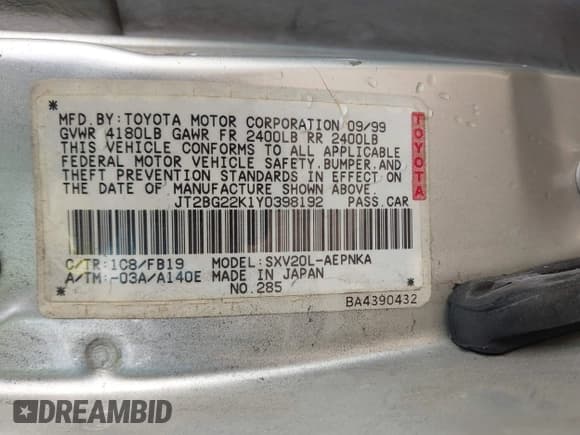 ✅ 2000 Toyota Camry LE • VIN: JT2BG22K1Y0398192 • Lot: 43728207. Wystawiony na IAAI z przebiegiem 370 608 mil. Bezpłatny archiwum sprzedaży aukcyjnych z USA i szczegółowy raport historii pojazdu na DreamBid. Zdjęcie 9.