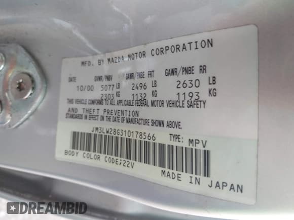 ✅ 2001 Mazda MPV DX • VIN: JM3LW28G310178566 • Lot: 42971396. Listed on IAAI with 217,210 mi. Free auction sales archive from the USA and detailed vehicle history report at DreamBid. Image 9.