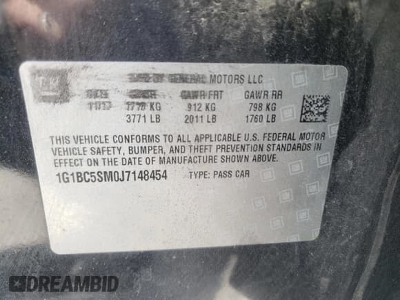 ✅ 2018 Chevrolet Cruze LS • VIN: 1G1BC5SM0J7148454 • Lot: 50371633. Listed on Copart with 112,015 mi. Free auction sales archive from the USA and detailed vehicle history report at DreamBid. Image 12.