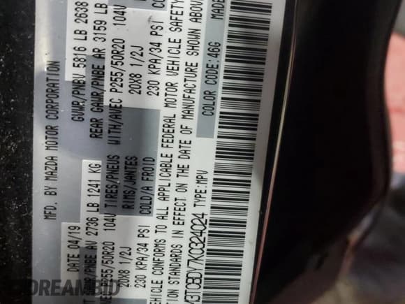 ✅ 2019 Mazda CX-9 Grand Touring • VIN: JM3TCBDY7K0324024 • Lot: 92805275. Listed on Copart with Not provided. Free auction sales archive from the USA and detailed vehicle history report at DreamBid. Image 13.