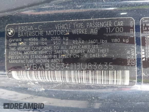 2001 BMW 3 Series 330Ci with VIN WBABS53411JU83635, listed as a IAAI auction lot 42453775 with Not provided miles and . Bid and sale history available at DreamBid. Image 9.