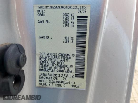 ✅ 2009 Nissan Altima SE • VIN: 1N4BL24E09C125812 • Лот: 91664605. Опубликован ранее на Copart с пробегом 187 523 миль. Бесплатный доступ к архиву аукционных продаж из США и подробный отчёт об истории автомобиля на DreamBid. Изображение 12.