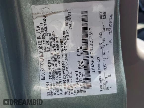 ✅ 2003 Ford Focus • VIN: 1FAHP36Z93W237843 • Lot: 82134115. Listed on Copart with 133,067 mi. Free auction sales archive from the USA and detailed vehicle history report at DreamBid. Image 14.