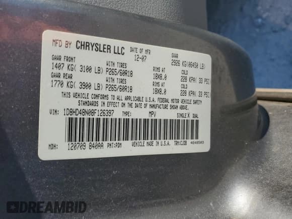 ✅ 2008 Dodge Durango SLT • VIN: 1D8HD48N08F126397 • Lot: 88971955. Listed on Copart with 241,829 mi. Free auction sales archive from the USA and detailed vehicle history report at DreamBid. Image 14.