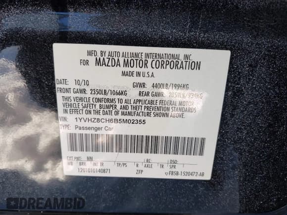 ✅ 2011 Mazda 6 i Touring • VIN: 1YVHZ8CH6B5M02355 • Лот: 41368453. Опубликован ранее на IAAI с пробегом 159 230 миль. Бесплатный доступ к архиву аукционных продаж из США и подробный отчёт об истории автомобиля на DreamBid. Изображение 9.