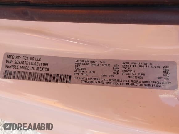 ✅ 2020 Ram 1500 Tradesman • VIN: 3C6JR7DT8LG211199 • Lot: 43766734. Listed on IAAI with 122,403 mi. Free auction sales archive from the USA and detailed vehicle history report at DreamBid. Image 9.