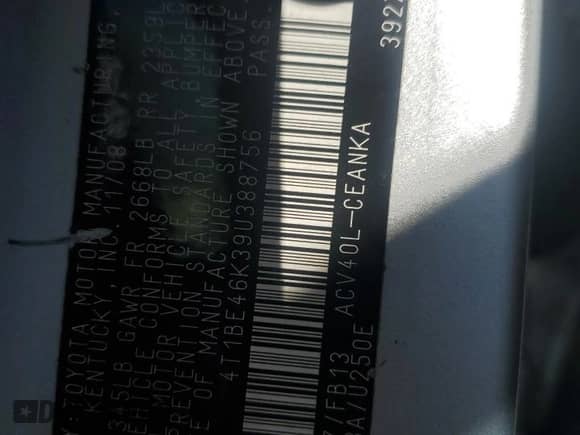 2009 Toyota Camry с VIN 4T1BE46K39U388756, выставлен на аукционе Copart как лот 82477035 с пробегом 275 878 миль миль и Списание • Salvage title. История ставок и продаж доступна на DreamBid. Изображение 12.