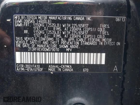 ✅ 2013 Toyota RAV4 XLE • VIN: 2T3RFREV0DW079010 • Lot: 42263158. Listed on IAAI with 96,936 mi. Free auction sales archive from the USA and detailed vehicle history report at DreamBid. Image 9.