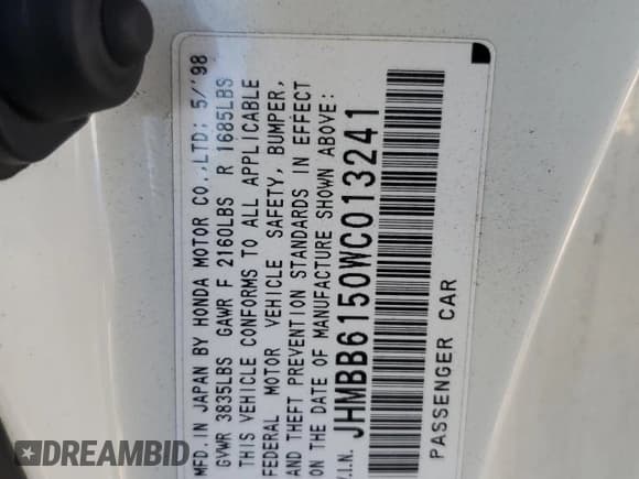 ✅ 1998 Honda Prelude SH • VIN: JHMBB6150WC013241 • Lot: 77710554. Listed on Copart with 215,086 mi. Free auction sales archive from the USA and detailed vehicle history report at DreamBid. Image 12.