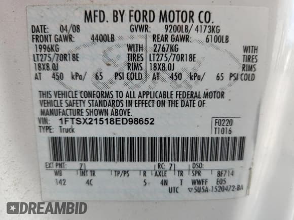 ✅ 2008 Ford F-250 XL • VIN: 1FTSX21518ED98652 • Lot: 80305325. Listed on Copart with 117,624 mi. Free auction sales archive from the USA and detailed vehicle history report at DreamBid. Image 12.