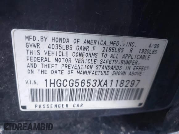 ✅ 1999 Honda Accord EX • VIN: 1HGCG5653XA118297 • Lot: 43827689. Listed on IAAI with 300,280 mi. Free auction sales archive from the USA and detailed vehicle history report at DreamBid. Image 9.