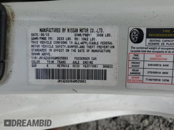 ✅ 2010 Nissan 370Z Nismo • VIN: JN1AZ4EH6AM505862 • Lot: 46297605. Listed on Copart with 81,669 mi. Free auction sales archive from the USA and detailed vehicle history report at DreamBid. Image 12.