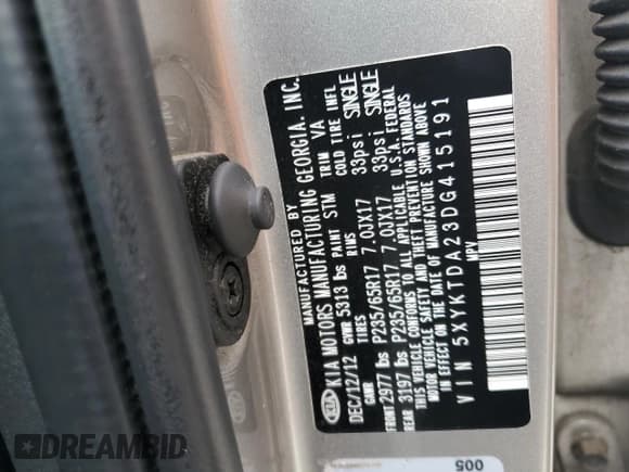 ✅ 2013 Kia Sorento LX • VIN: 5XYKTDA23DG415191 • Lot: 60659645. Listed on Copart with 200,285 mi. Free auction sales archive from the USA and detailed vehicle history report at DreamBid. Image 13.