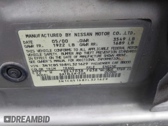 ✅ 2000 Nissan Sentra XE • VIN: 3N1CB51D8YL321629 • Лот: 43596716. Опубликован ранее на IAAI с пробегом 102 953 миль. Бесплатный доступ к архиву аукционных продаж из США и подробный отчёт об истории автомобиля на DreamBid. Изображение 9.