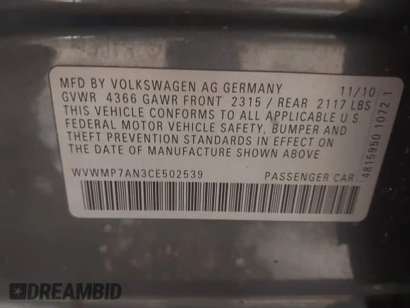 ✅ 2012 Volkswagen CC Sport • VIN: WVWMP7AN3CE502539 • Lot: 43881438. Listed on IAAI with 154,418 mi. Free auction sales archive from the USA and detailed vehicle history report at DreamBid. Image 9.