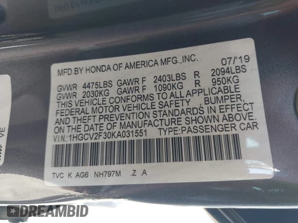 ✅ 2019 Honda Accord Sport • VIN: 1HGCV2F30KA031551 • Lot: 42762369. Listed on IAAI with 18,936 mi. Free auction sales archive from the USA and detailed vehicle history report at DreamBid. Image 9.