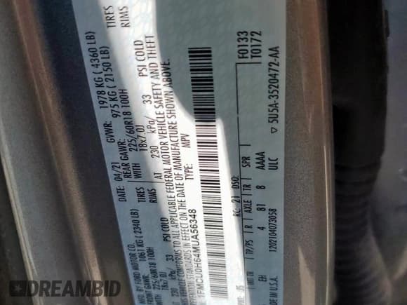 ✅ 2021 Ford Escape SEL • VIN: 1FMCU0H64MUA56348 • Lot: 52913895. Listed on Copart with 59,058 mi. Free auction sales archive from the USA and detailed vehicle history report at DreamBid. Image 13.