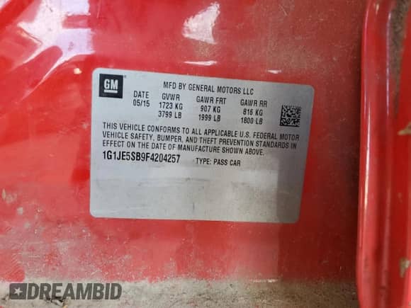 2015 Chevrolet Sonic LTZ с VIN 1G1JE5SB9F4204257, выставлен на аукционе Copart как лот 62955724 с пробегом Не указан миль и Списание • Salvage title. История ставок и продаж доступна на DreamBid. Изображение 15.