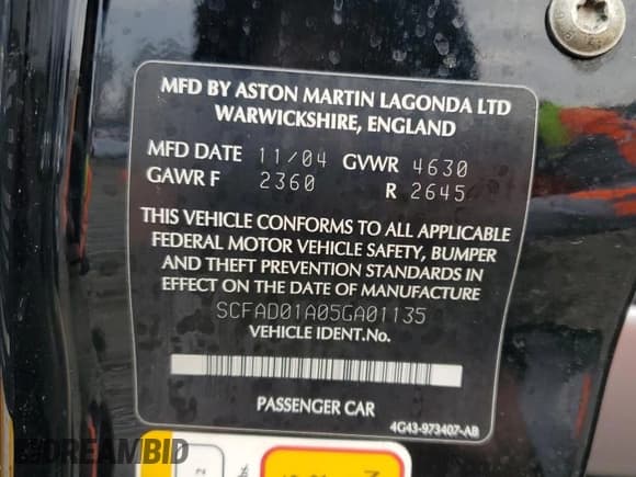 ✅ 2005 Aston Martin DB9 • VIN: SCFAD01A05GA01135 • Lot: 47689715. Wystawiony na Copart z przebiegiem Nie podano. Bezpłatny archiwum sprzedaży aukcyjnych z USA i szczegółowy raport historii pojazdu na DreamBid. Zdjęcie 12.