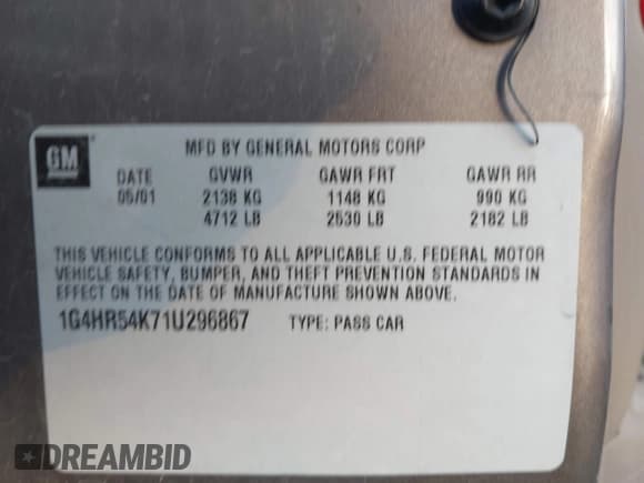 ✅ 2001 Buick LeSabre Limited • VIN: 1G4HR54K71U296867 • Lot: 43568392. Listed on IAAI with Not provided. Free auction sales archive from the USA and detailed vehicle history report at DreamBid. Image 9.