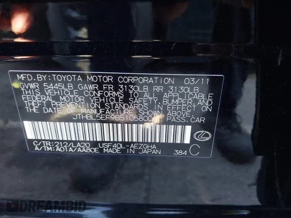 ✅ 2011 Lexus LS 460 • VIN: JTHBL5EF9B5105800 • Лот: 43141307. Опубликован ранее на IAAI с пробегом 156 591 миль. Бесплатный доступ к архиву аукционных продаж из США и подробный отчёт об истории автомобиля на DreamBid. Изображение 9.