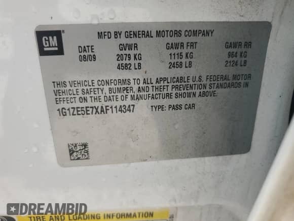 2010 Chevrolet Malibu LTZ with VIN 1G1ZE5E7XAF114347, listed as a Copart auction lot 59414504 with 103,394 mi miles and Salvage title. Bid and sale history available at DreamBid. Image 13.