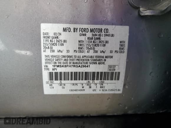 ✅ 2024 Ford Explorer Limited • VIN: 1FMSK8FH7RGA29641 • Lot: 90047685. Wystawiony na Copart z przebiegiem 50 423 mil. Bezpłatny archiwum sprzedaży aukcyjnych z USA i szczegółowy raport historii pojazdu na DreamBid. Zdjęcie 14.