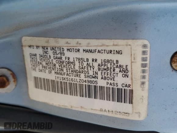 ✅ 1990 Geo Prizm • VIN: 1Y1SK5161LZ049805 • Lot: 71407805. Listed on Copart with 143,621 mi. Free auction sales archive from the USA and detailed vehicle history report at DreamBid. Image 12.