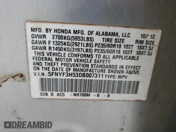 ✅ 2013 Honda Pilot EX-L • VIN: 5FNYF3H53DB007311 • Лот: 82184655. Опубликован ранее на Copart с пробегом 286 329 миль. Бесплатный доступ к архиву аукционных продаж из США и подробный отчёт об истории автомобиля на DreamBid. Изображение 13.