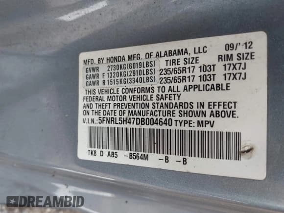 ✅ 2013 Honda Odyssey EX • VIN: 5FNRL5H47DB004640 • Lot: 42953700. Listed on IAAI with 99,716 mi. Free auction sales archive from the USA and detailed vehicle history report at DreamBid. Image 9.