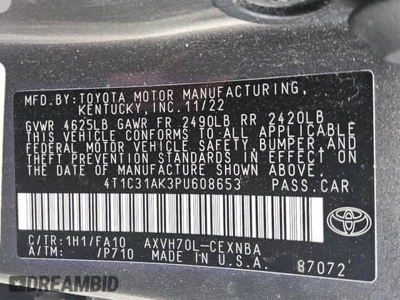 2023 Toyota Camry Hybrid LE with VIN 4T1C31AK3PU608653, listed as a Copart auction lot 59235965 with 57,095 mi miles and Clean title. Bid and sale history available at DreamBid. Image 13.