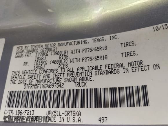 ✅ 2016 Toyota Tundra SR • VIN: 5TFRM5F1XGX097542 • Lot: 42667171. Listed on IAAI with 96,699 mi. Free auction sales archive from the USA and detailed vehicle history report at DreamBid. Image 9.