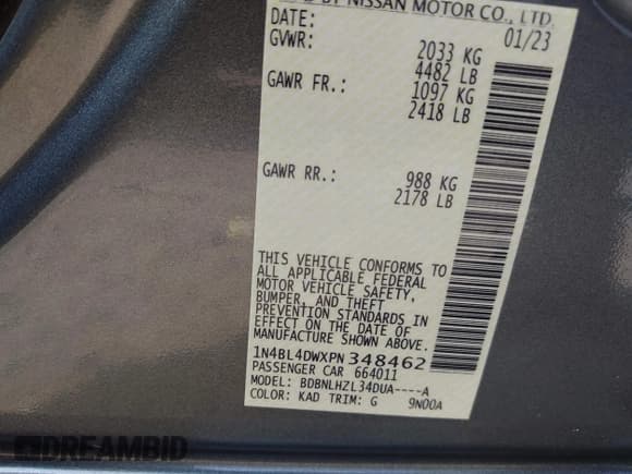 ✅ 2023 Nissan Altima SV • VIN: 1N4BL4DWXPN348462 • Лот: 42580199. Опубликован ранее на IAAI с пробегом 28 506 миль. Бесплатный доступ к архиву аукционных продаж из США и подробный отчёт об истории автомобиля на DreamBid. Изображение 9.