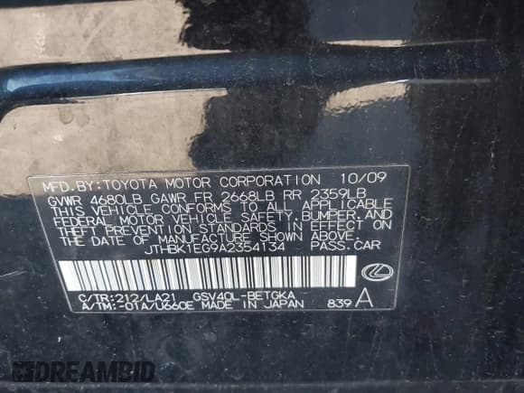 ✅ 2010 Lexus ES 330 • VIN: JTHBK1EG9A2354134 • Lot: 43624492. Listed on IAAI with 252,479 mi. Free auction sales archive from the USA and detailed vehicle history report at DreamBid. Image 9.